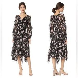 Ulla Johnson Lorelei Silk Ruffle Long Sleeve Midi Dress in Noir Floral